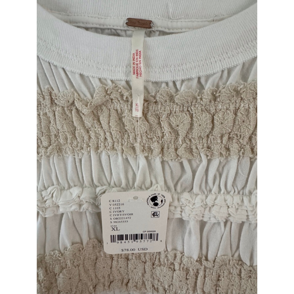 Free People Maxey Knit Smocked Peplum Top Cream Puff Sleeve Size XL Cottagecore - Picture 6 of 7